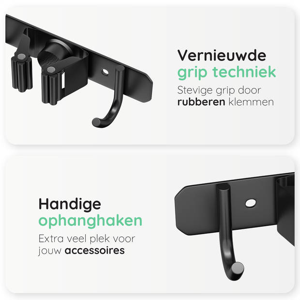 Volcan Bezemhouder - Bezem Ophangsysteem Tuingereedschap - Gereedschapshouder - 3M Tape - 7 Houders 8 Haken - RVS Zwart