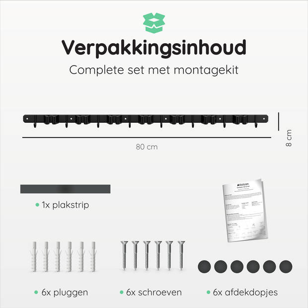 Volcan Bezemhouder - Bezem Ophangsysteem Tuingereedschap - Gereedschapshouder - 3M Tape - 7 Houders 8 Haken - RVS Zwart