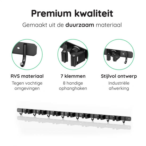 Volcan Bezemhouder - Bezem Ophangsysteem Tuingereedschap - Gereedschapshouder - 3M Tape - 7 Houders 8 Haken - RVS Zwart