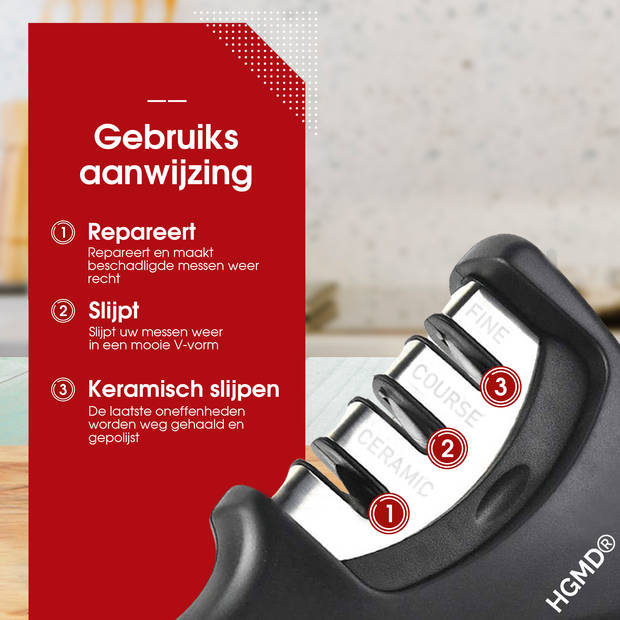 HGMD Luxe Messenslijper - 3 Standen - Zwart - Antislip - Scharenslijper - Messen slijper - Knife sharpener