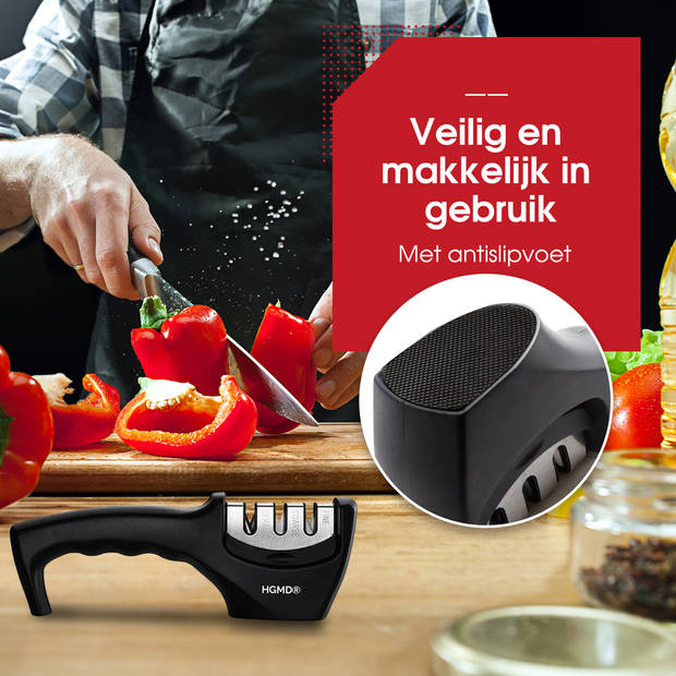 HGMD Luxe Messenslijper - 3 Standen - Zwart - Antislip - Scharenslijper - Messen slijper - Knife sharpener