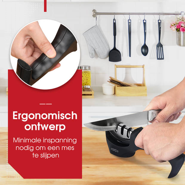 HGMD Luxe Messenslijper - 3 Standen - Zwart - Antislip - Scharenslijper - Messen slijper - Knife sharpener