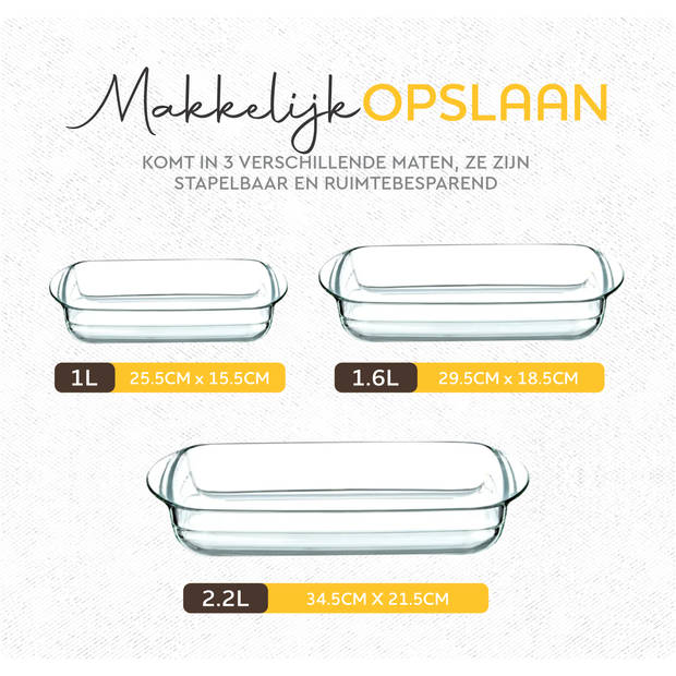 HGMD Ovenschalen Set - 3 Delig - 1L - 1,6L - 2,2L - Rechthoekig - Glas - Vaatwasserbestendig