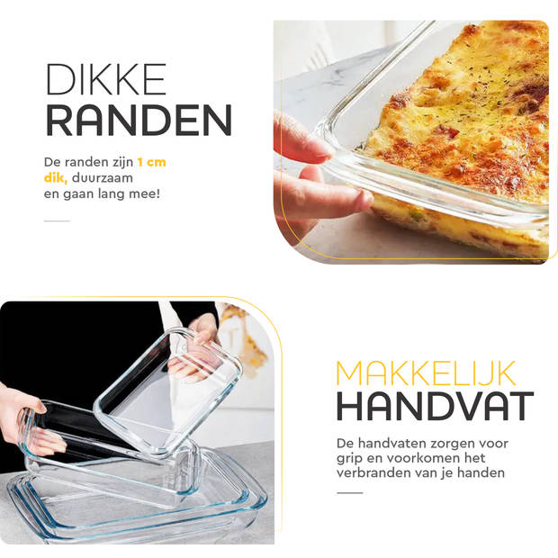 HGMD Ovenschalen Set - 3 Delig - 1L - 1,6L - 2,2L - Rechthoekig - Glas - Vaatwasserbestendig