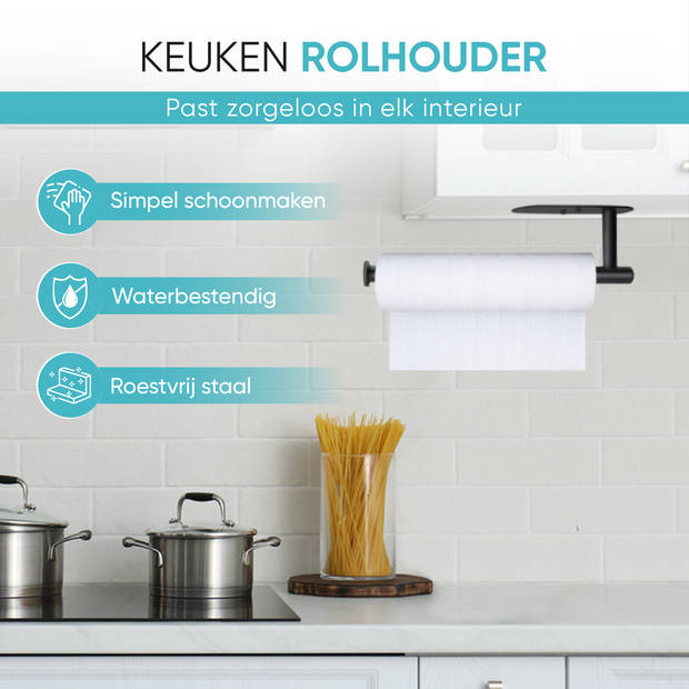 HGMD Keukenrolhouder - Zelfklevend en / of Boren - Keukenrolhouder Zwart - Rollenhouder - Keukenrolhouder Hangend