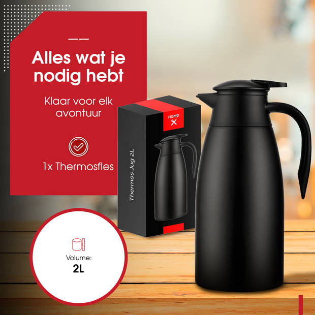 HGMD Thermoskan - 2 Liter - Isoleerkan - Zwart - Koffie - Thee - Voor warme en koude dranken