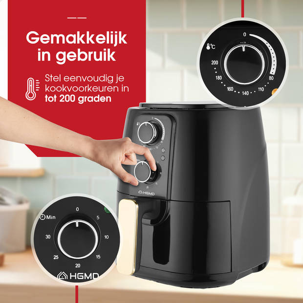 HGMD Airfryer XL - 5 Liter - Analoog - 1500W - 80 tot 200°C - Zwart - Heteluchtfriteuse - Airfryer oven - Heteluchtoven