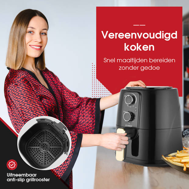 HGMD Airfryer XL - 5 Liter - Analoog - 1500W - 80 tot 200°C - Zwart - Heteluchtfriteuse - Airfryer oven - Heteluchtoven