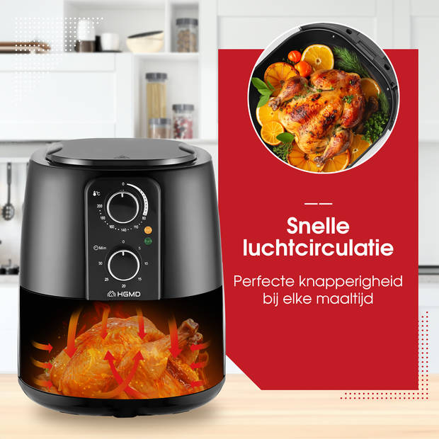 HGMD Airfryer XL - 5 Liter - Analoog - 1500W - 80 tot 200°C - Zwart - Heteluchtfriteuse - Airfryer oven - Heteluchtoven