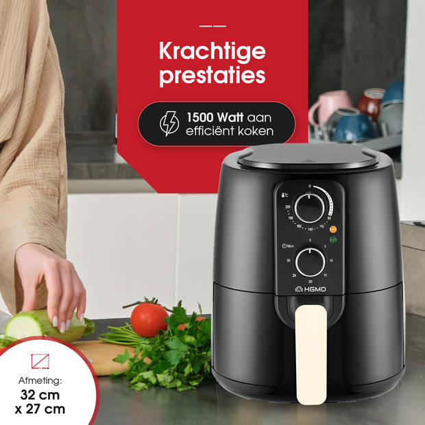 HGMD Airfryer XL - 5 Liter - Analoog - 1500W - 80 tot 200°C - Zwart - Heteluchtfriteuse - Airfryer oven - Heteluchtoven