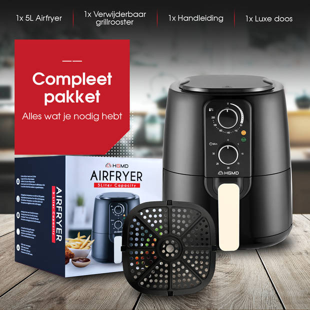 HGMD Airfryer XL - 5 Liter - Analoog - 1500W - 80 tot 200°C - Zwart - Heteluchtfriteuse - Airfryer oven - Heteluchtoven