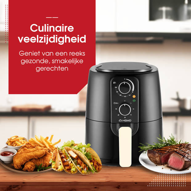 HGMD Airfryer XL - 5 Liter - Analoog - 1500W - 80 tot 200°C - Zwart - Heteluchtfriteuse - Airfryer oven - Heteluchtoven