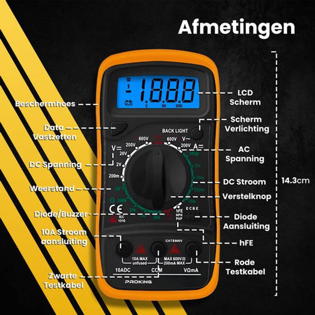 PROKING Digitale Multimeter - AC / DC - Incl. 9V Batterij - Klemtangen - Opberghoes - Multi Meter