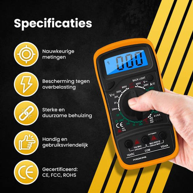 PROKING Digitale Multimeter - AC / DC - Incl. 9V Batterij - Klemtangen - Opberghoes - Multi Meter