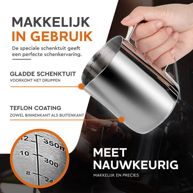 HGMD Melkkan 350ml - Melkkannetje opschuim - Melkopschuimkan - Milk Pitcher - Incl. Art Pen & Strooipotje - RVS