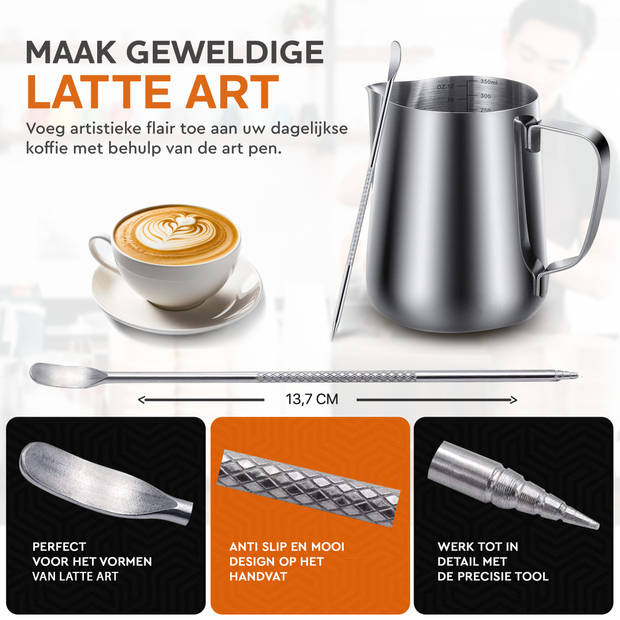 HGMD Melkkan 350ml - Melkkannetje opschuim - Melkopschuimkan - Milk Pitcher - Incl. Art Pen & Strooipotje - RVS