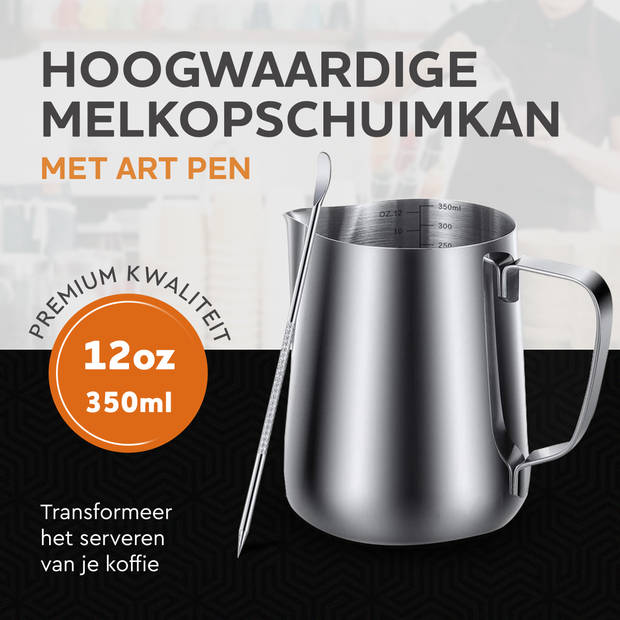 HGMD Melkkan 350ml - Melkkannetje opschuim - Melkopschuimkan - Milk Pitcher - Incl. Art Pen & Strooipotje - RVS