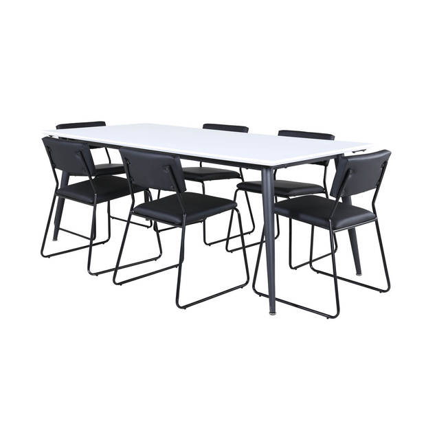 Jimmy195 eethoek eetkamertafel uitschuifbare tafel lengte cm 195 / 285 wit en 6 Kenth eetkamerstal PU kunstleer zwart.