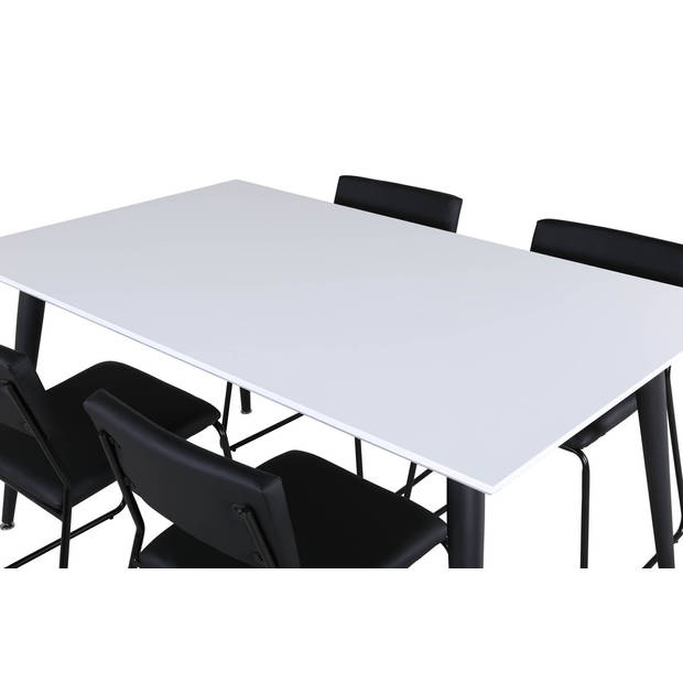 Jimmy150 eethoek eetkamertafel uitschuifbare tafel lengte cm 150 / 240 wit en 4 Kenth eetkamerstal PU kunstleer zwart.