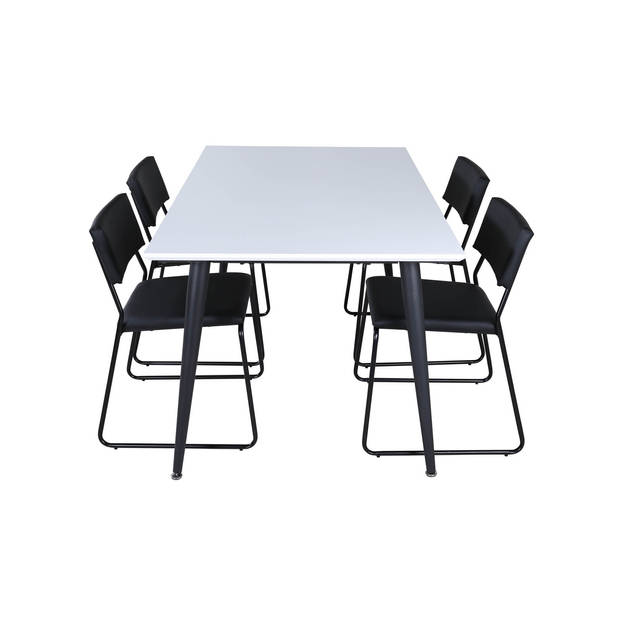 Jimmy150 eethoek eetkamertafel uitschuifbare tafel lengte cm 150 / 240 wit en 4 Kenth eetkamerstal PU kunstleer zwart.