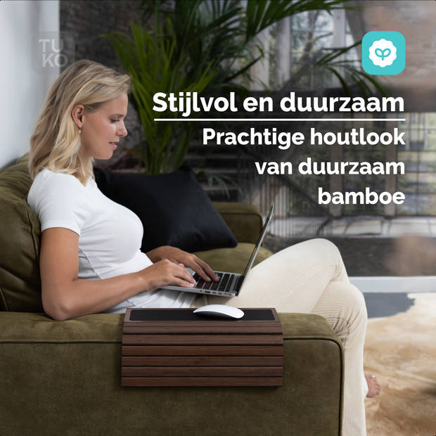 Tuko Armleuning dienblad voor bank - Bruin - FSC bamboe - Flexibel - Anti slip - Organizer - Banktafel