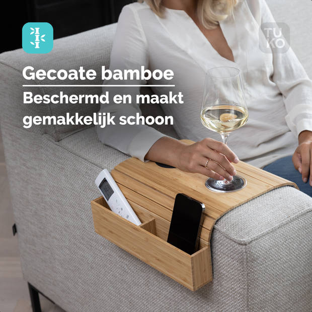 Tuko Armleuning dienblad voor bank - Naturel - Opbergvak - FSC bamboe - Flexibel - Organizer - Banktafel