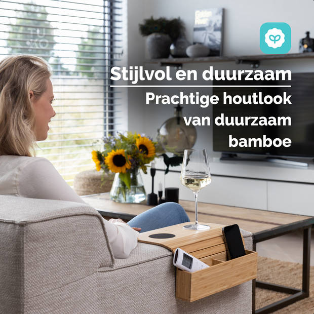 Tuko Armleuning dienblad voor bank - Naturel - Opbergvak - FSC bamboe - Flexibel - Organizer - Banktafel