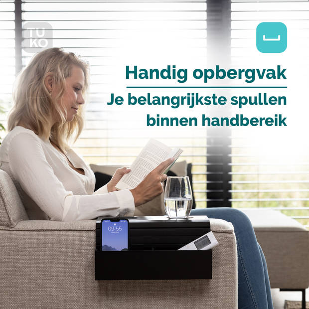 Tuko Armleuning dienblad voor bank - Zwart - Opbergvak - FSC bamboe - Flexibel - Organizer - Banktafel