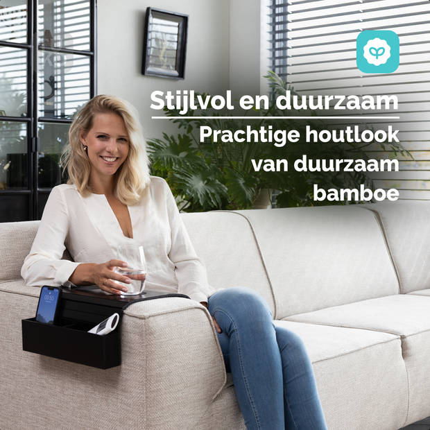 Tuko Armleuning dienblad voor bank - Zwart - Opbergvak - FSC bamboe - Flexibel - Organizer - Banktafel