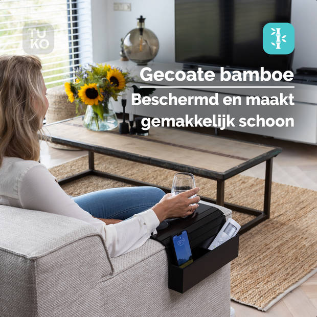 Tuko Armleuning dienblad voor bank - Zwart - Opbergvak - FSC bamboe - Flexibel - Organizer - Banktafel