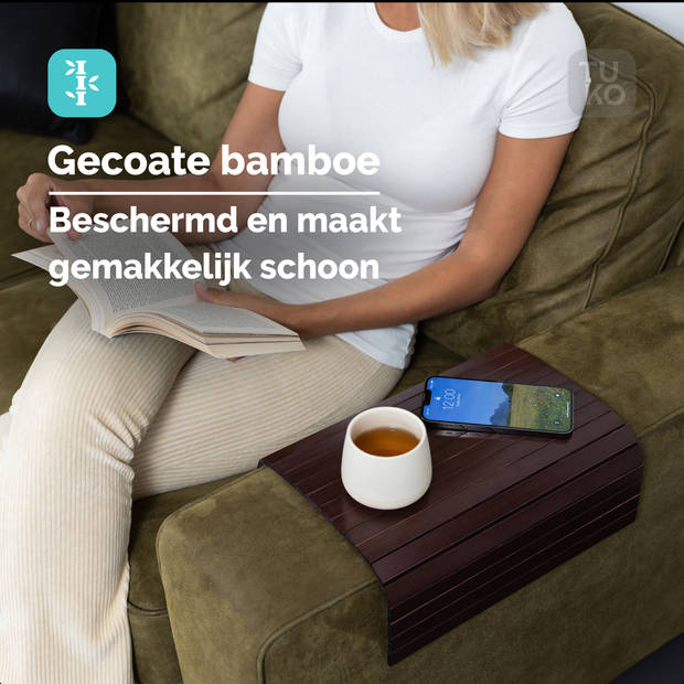 Tuko Armleuning dienblad voor bank - Kersenbruin - FSC bamboe - Flexibel - Organizer - Banktafel