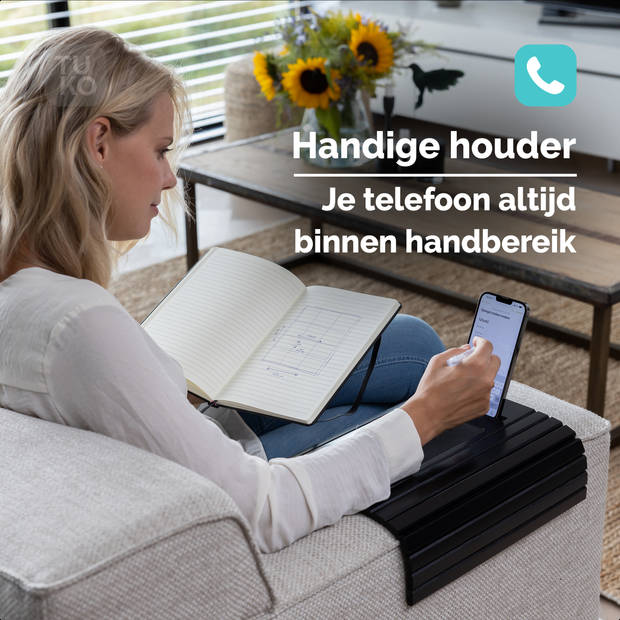 Tuko Armleuning dienblad voor bank - Zwart - Telefoonhouder - FSC bamboe - Flexibel - Anti slip - Organizer