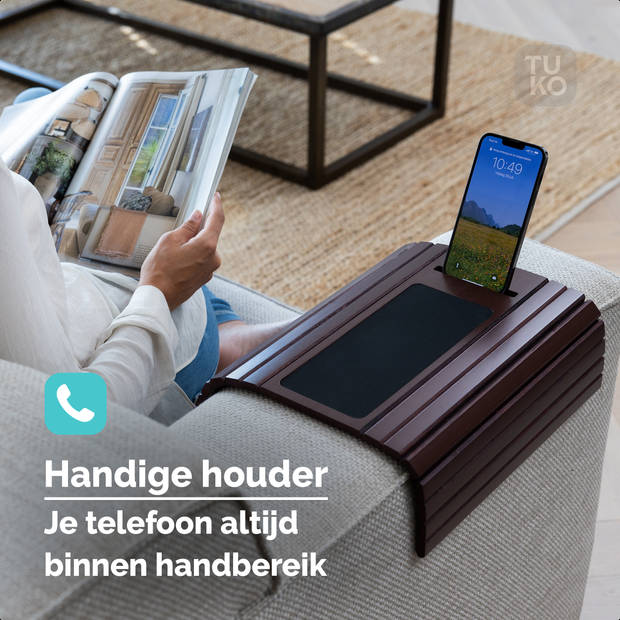 Tuko Armleuning dienblad voor bank - Kersenbruin - Telefoonhouder - FSC bamboe - Flexibel - Anti slip - Organizer