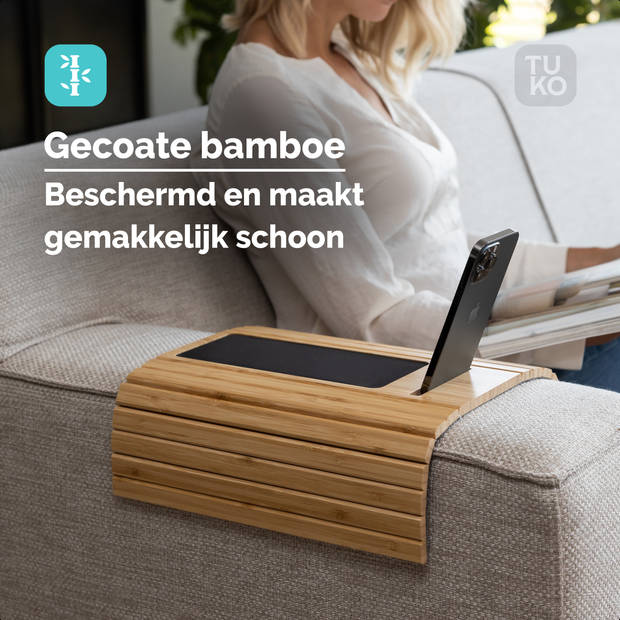 Tuko Armleuning dienblad voor bank - Naturel - Telefoonhouder - FSC bamboe - Flexibel - Anti slip - Organizer