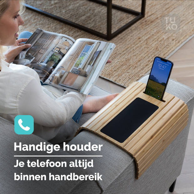 Tuko Armleuning dienblad voor bank - Naturel - Telefoonhouder - FSC bamboe - Flexibel - Anti slip - Organizer