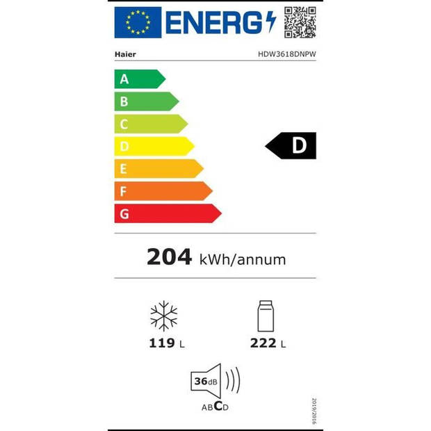 Gecombineerde koelkast - HAIER - HDW3618DNPW - Klasse D - 341 L - 36 dB - Wit