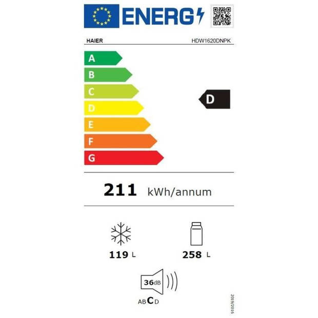 Gecombineerde koelkast - HAIER - 2D 60 Serie 1 HDW1620DNPK - Klasse D - 377 L - 200 x 59,5 x 65,9 cm - Roestvrij staalef