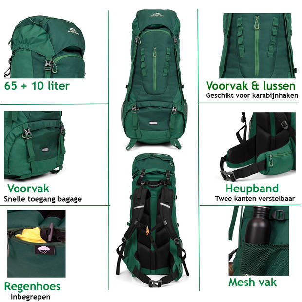 Dutch Mountains Backpack 65-75 ltr Dames & Heren Incl. regenhoes Lichtgewicht Groen