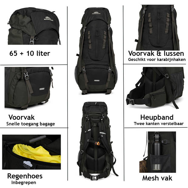 Dutch Mountains Backpack 65-75 ltr Dames & Heren Incl. regenhoes Lichtgewicht Zwart