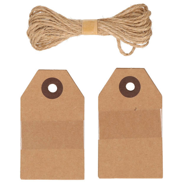 Rayher hobby Cadeau tags/labels - kraftpapier/karton - 40x stuks - aan jute touw - 7.5 x 4.5 cm - Cadeauversiering