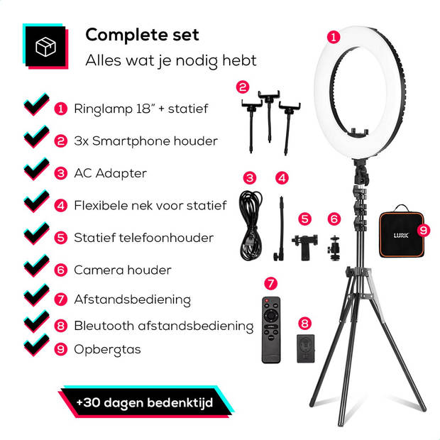 LURK Ringlamp set PRO 18 inch - Verstelbaar statief Selfie Ringlight voor Telefoon iPhone & Samsung