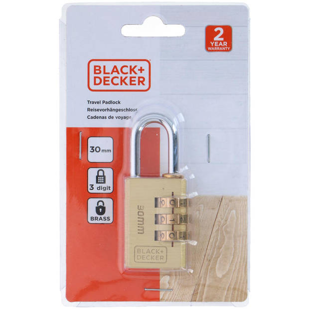 BLACK+DECKER Hangslot Cijferslot 30mm - Kofferslot met 3-Cijferige Code - Reisslot, Fietsslot en Meer - Koper Slotje