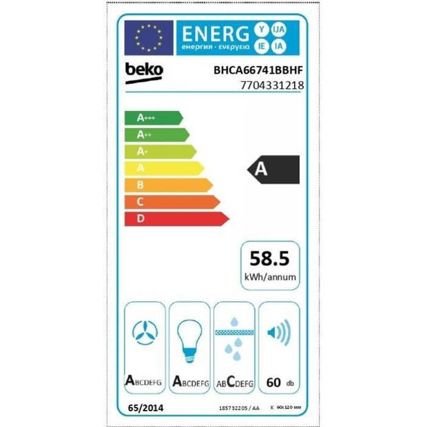 Beko BHCA66741BBHF Afzuigkap - Maximale afvoerstroom 720 m3/h - 60 cm