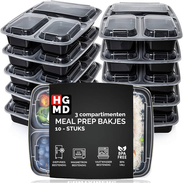 HGMD Meal Prep Bakjes - 10 stuks - 3 compartimenten - Plastic Vershouddoos - 1L - BPA vrij