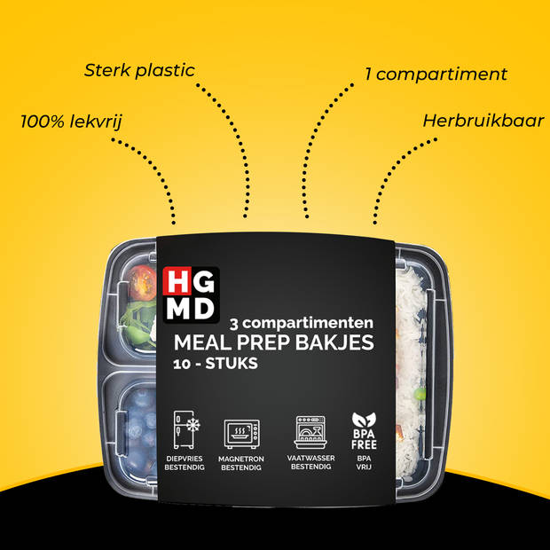 HGMD Meal Prep Bakjes - 10 stuks - 3 compartimenten - Plastic Vershouddoos - 1L - BPA vrij