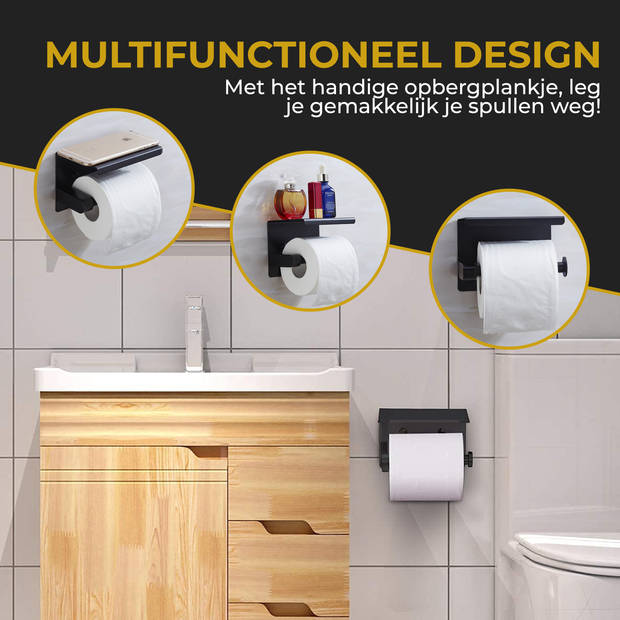 HGMD® WC Rolhouder met Plankje - Zwart - Zelfklevend / Boren / Zonder Boren - Toiletrolhouder zonder boren