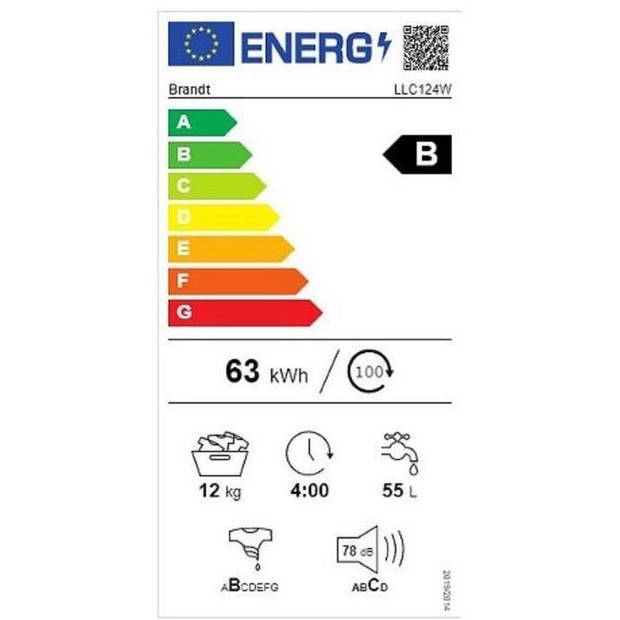 BRANDT LLC124W Wasmachine - Klasse B - 12 kg - 1400 tpm - Wit