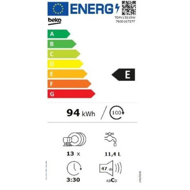 BEKO TDFV15315W Vaatwasser - 13 couverts - L60cm - 47 dBA - Wit