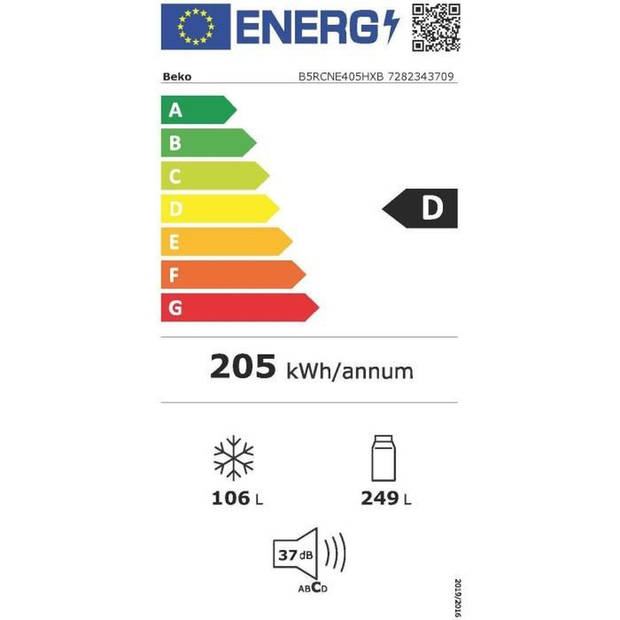 Gecombineerde vrijstaande koelkast - BEKO - B5RCNE405HXB - Klasse D - 355 L - Geventileerd koud - 66,3 x 59,5 x 203,5 cm