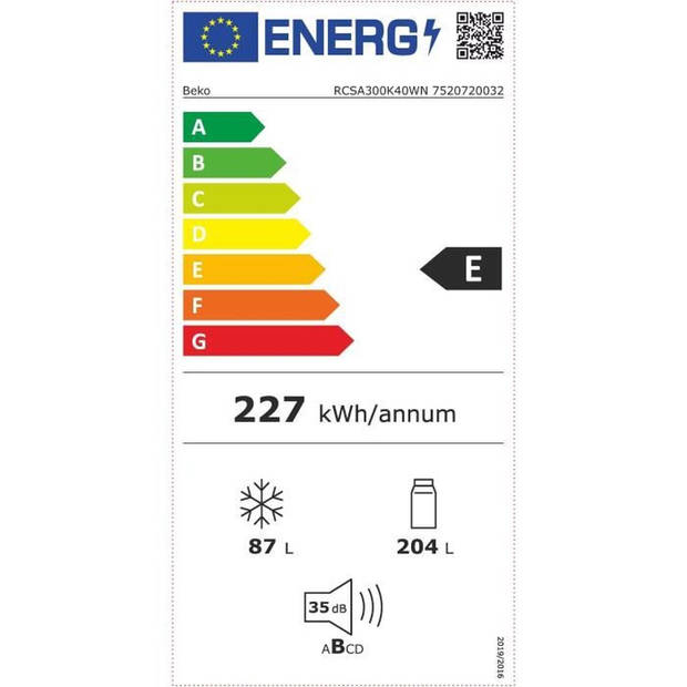 Gecombineerde vrijstaande koelkast - BEKO - RCSA300K40WN - Klasse E - 291 L (204+87) - 181,3 x 54 x 57,4 cm - Wit